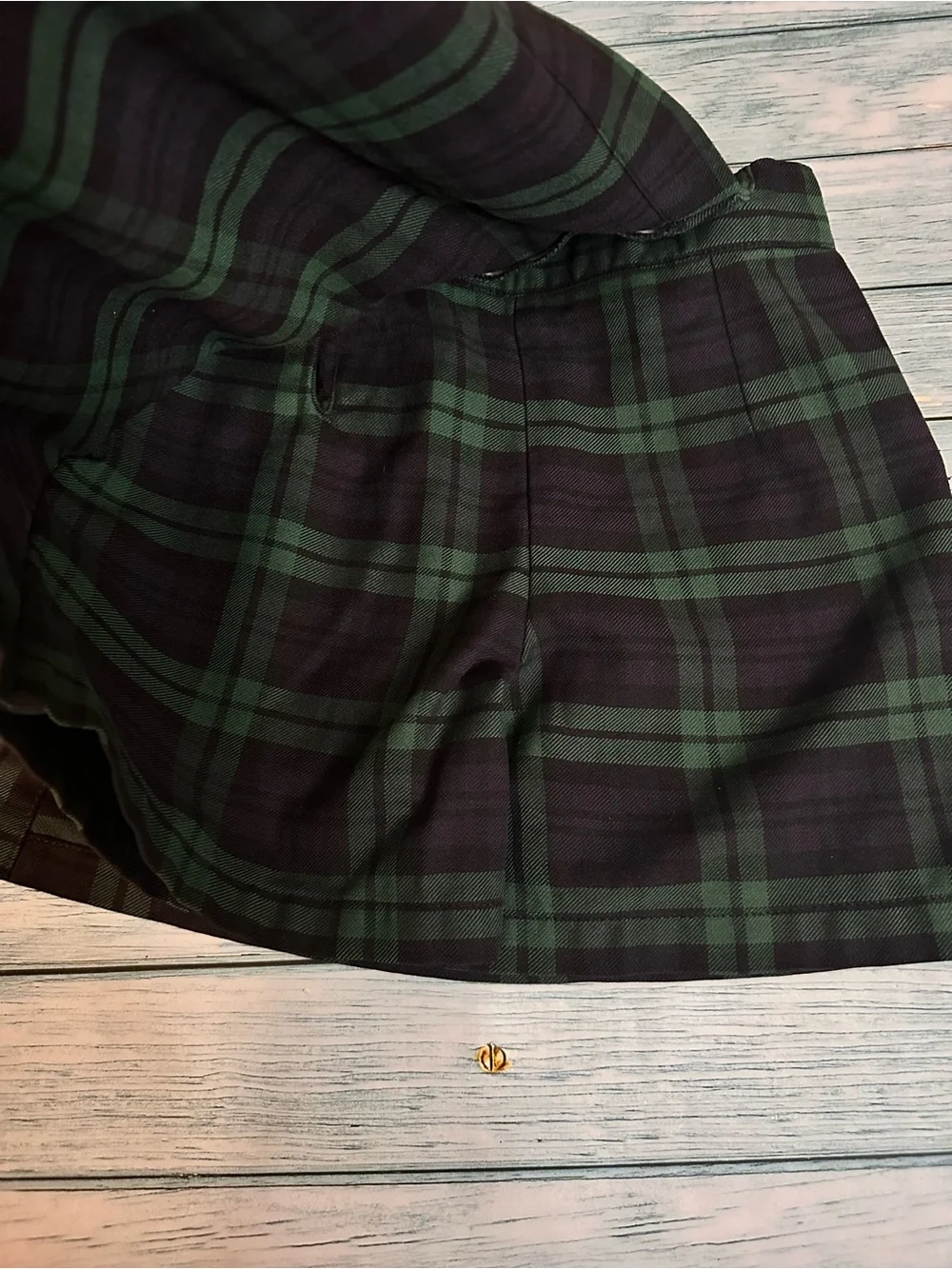 Two Pleated Mini Skirt Skorts School Uniform Navy & Green Plaid Wrap Skirt